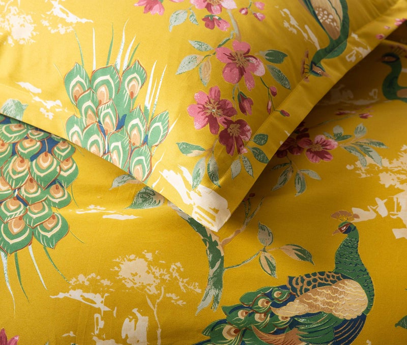 Eikei Chinoiserie Chic Peacock Floral Duvet Cover Paradise Garden Botanical Bird and Tree Branches Vintage Stylized Long Staple Cotton Bedding Set (Queen, Citrine) - Image 4